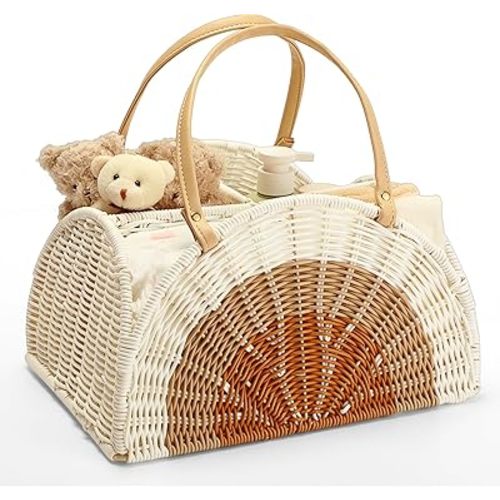 Rattan Baby Diaper Caddy Organizer with Divider Large Capacity Portable Rainbow Handmade Natural Rattan Storage Bag for Newborn Little One Boys Girls Essentials Stuff Baby Shower
