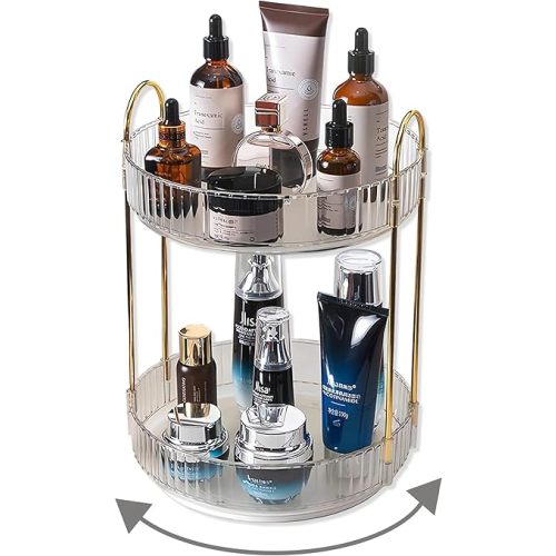 360 Rotating Makeup Organizer,2 Tier Large Capacity Make Up Organizers and Storage,Skincare Perfume Vanity Organizers,Bathroom Cosmetics Storage Organizer Countertop(Clear-2 Tier)