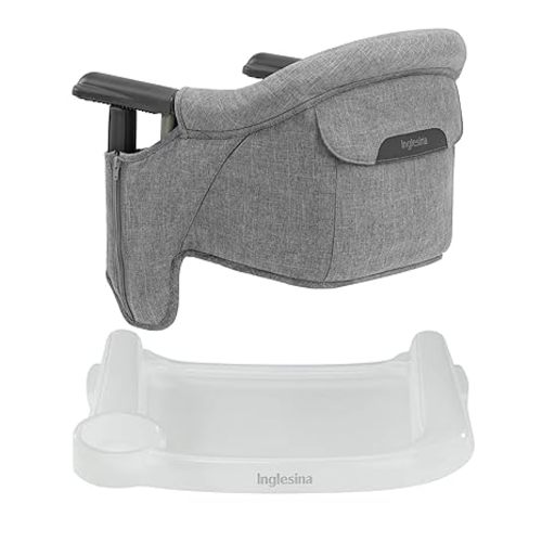 Inglesina Fast Table Chair - Stone Gray Melange + Fast Dining Tray - Portable Baby High Chair - for Babies & Toddlers up to 37 lbs - Fits Tables 0.8'' to 3.5'' Thick - Compact - Travel Bag Included