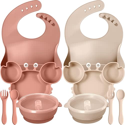 10 Pcs Baby Led Weaning Supplies, Silicone Baby Feeding Set with Divided Plate Adjustable Bib Suction Bowl Soft Spoon Fork, Toddler Self Eating Utensil Set (Beige, Orange)