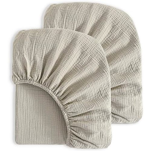 NTBAY 2 Pack Muslin Cotton Mini Crib Sheets, Soft and Breathable Double Layer 24x38 Baby Crib Sheets for Mini Crib and Toddler Mattresses, Boys, Girls, Unisex, Khaki, 24x38 Inches