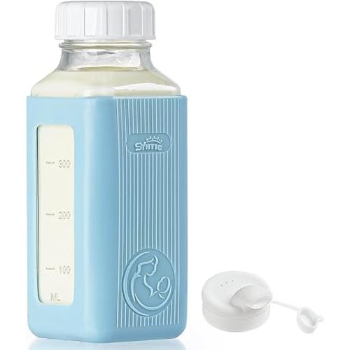 Syntic 1 Pack 16 Oz Glass Milk Storage Bottle with Airtight Lid & Pour Spouts, Milk Storage Containers for Fridge with Clear Scales - Milk Collection Bottles with Blue Protective Case