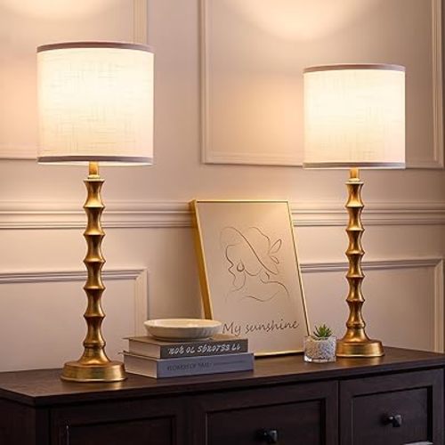 Gold Table Lamp Set of 2 Metal Bamboo Shape Base 29" Rustic Buffet Lamp with Linen White Shade Tall Nightstand Lamps Bedside Nightlights for Living Room Bedroom Guest Room