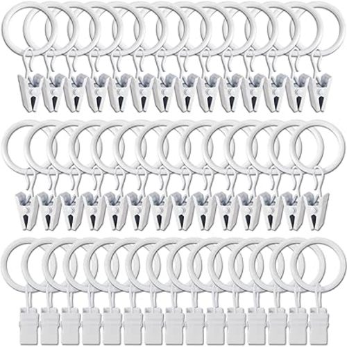 44 Pack White Curtain Rings with Clips, Curtain Hooks Hangers Clip Rings for Hanging Drapes Bows Hat, Drapery Rings 1 in I D, Fits up to 5/8 in Diameter Curtain Rod.