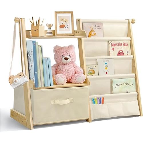 Kids Bookshelf and Toy Organizer 2 in 1,Book Shelf for Kids Rooms with Movable Toy Bin,4 Tier Toddler Sling Book Rack for Nursery Bedroom Playroom (Beige)
