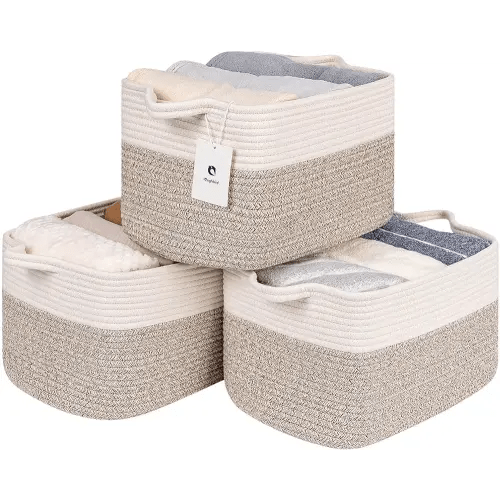 Large Woven Rectangle Basket With Handles for Shelves ,Toys Cotton Rope Cloth Storage Baskets for Organizing- Nursery Cube Bin,Decorative Storage Organizer Room, Bathroom(White/Brown 3bags)