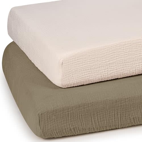 lulumoon Mini Crib Sheets Muslin: Pack and Play Sheets for Boys and Girls - Cotton Fitted Crib Sheet for Pack N Play Mattress and Playard 2Pack 24"x38", Olive & Cream