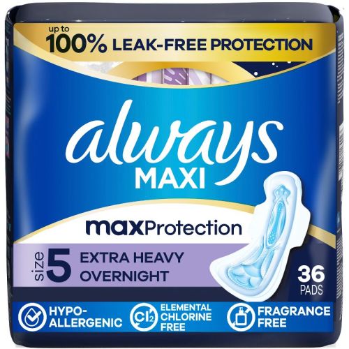 Always Maxi Extra Heavy Overnight Pads with Wings - Size 5 - Unscented - 36ct