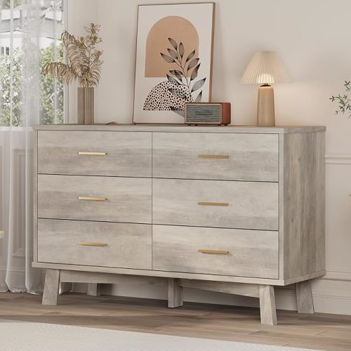Dresser for Bedroom, 6 Drawer Wide Modern Chest of Drawers with X-Shaped Sturdy Base, Wood Double Dresser Closet Clothes Storage Organizer, Wooden TV Stand for Living Room, Hallway, Grey