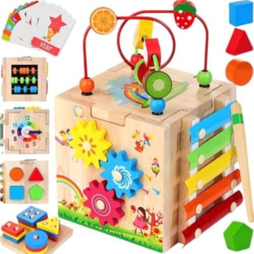 8-in-1 Wooden Baby Activity Cube - Xylophone, Shape Sorter, Abacus| 1st Birthday Gift Toys for One 1 2 3 Year Old Boy Girl | Montessori Educational Learning Toddler Toy| Bonus Sorting & Stacking Board