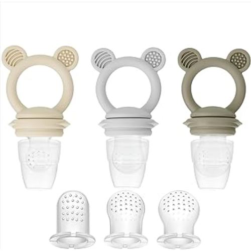 PandaEar 3 Pack Baby Fruit & Food Feeder Pacifier, Silicone Feeder Pacifier with 3 Sizes Pouches for Babies Toddlers Infants Kids, BPA-Free Food Grade Soft Safe -Tan/Grey/Brown