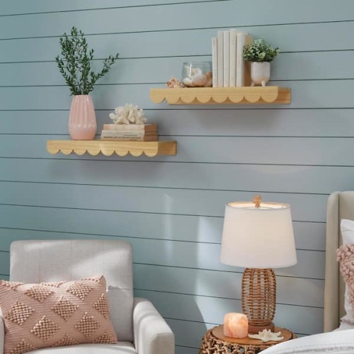 Scalloped White Wood Floating Wall Shelves (22" W x 2.5" H) (Set of 2)