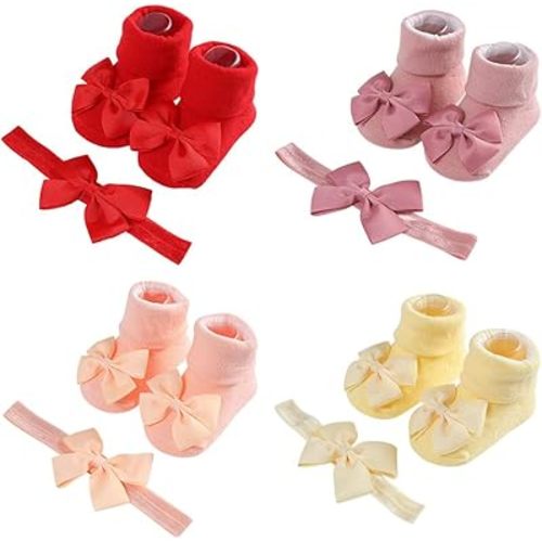 Baby Girls Nylon Headbands and Socks Sets, 4 Sets Newborn Infant Toddlers Baby Photography Props for 3-12 Months