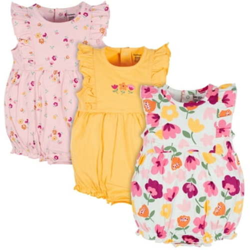 Onesies Brand Baby Girl Ruffle Sleeve Rompers, 3-Pack, Sizes, 0/3 Months - 24 Months