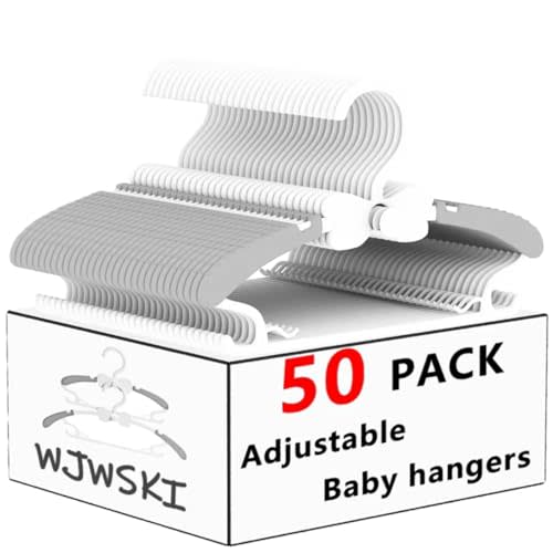 WJWSKI Kids Hangers for Closet, 50 Pack Baby Clothes Hanger, Adjustable Toddler Hangers for Boy Nursery, Cascading Plastic Perchas for Newborn Babies Children Infant, Space Saving Perchas Bebés, Grey
