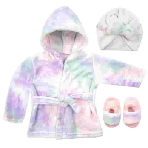 Baby Robe - Soft Plush Bath Towel Robe Spa Set - Baby Bathrobe Towel & Slippers for Boys + Turban for Girls Robe Set (Tie Dye, 0-9 Months)