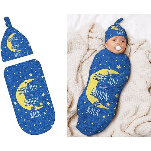 I Love You to The Moon and Back Blue Newborn Swaddle Blankets Hat Sets Soft Stretchy Sleep Sacks Space Baby Stuff Receiving Blanket Gifts for Infant Baby Boy Girl