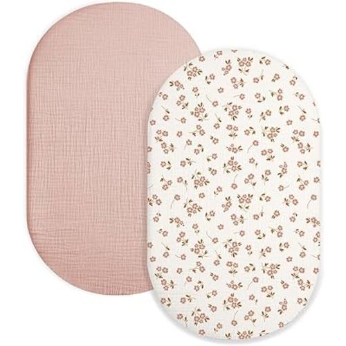 Bassinet Sheet for Baby Boy and Girl 2 Pack, Fitted Sheets for Rectangle, Oval, Hourglass Bassinet Mattress, Muslin Moses Basket Sheets with Neutral Style(Floral & Pink)