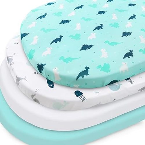 Bassinet Fitted Sheets 4 Pack Compatible with Halo Bassinest Swivel, Flex, Glide, Premiere and Luxe Series Sleeper, Ultra Soft and Skin-Friendly, Aqua Dinosaurs & White Ocean
