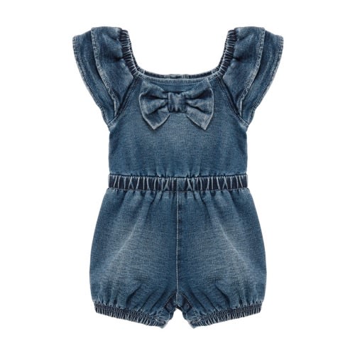 Bow Front Flutter Sleeve Stretch Cotton Blend Knit Denim Romper