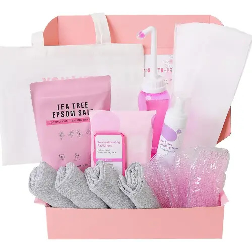 Postpartum Essentials Recovery Kit - Peri Bottle,Perineal Ice Packs,Perineal Healing Foam,Disposable Underwears,Cooling Pad Liners,Bath Salts,Canvas Bag,Card,Postpartum Gifts for Mom