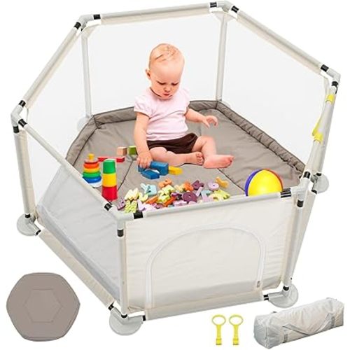 ZENOVA Hexagonal Baby Playpen with Mat for Babies & Toddlers Baby Fence Baby Play Yard for Baby 6-12 Months Indoor Toddler Playplen with Carrybag