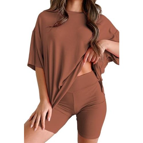 Womens 2 Piece Lounge Set 2025 Summer Travel Outfit Casual Short Sleeve Oversized Tshirts & Biker Shorts