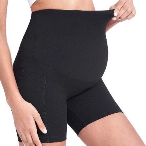 NPolar"Maternity Shorts Over Belly Seamless High Waist Yoga Workout Pregnancy Underwear with Pockets"Black