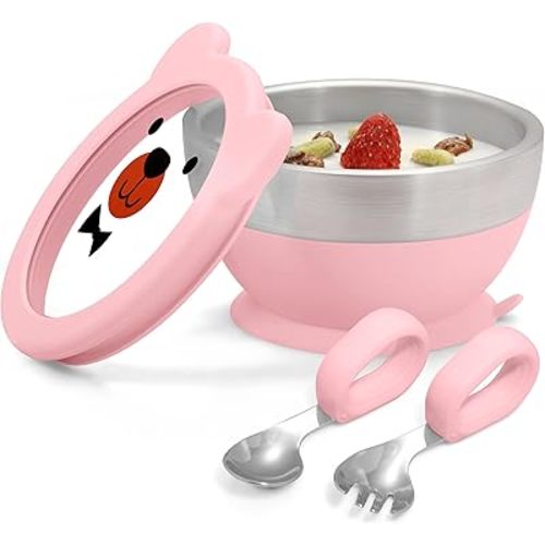 MR. CHOU Baby Suction Bowl Set with Spoon & Fork, Double-Layer 18/8 Stainless Steel Toddler Bowls with BPA Free Airtight Lid, Food Grade Infant Self-Feeding Bowl, First Stage Led Weaning Supplies Pink