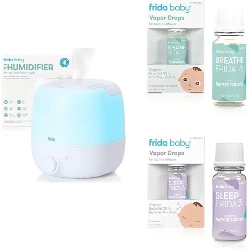 Frida Baby 3-in-1 Cool Mist Humidifier for Large Rooms & Natural Sleep Vapor Eucalyptus Essential Oil Bath Drops, Lavender Essential Oil Bath Drops for Relaxing & Calming Aromatherapy Oil