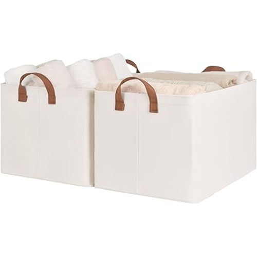 StorageWorks Storage Bins, Shelves Baskets for Organizing, 45L Extra Large Fabric Closet Organizers with Handles, Metal Frame, Natural Color, 2-Pack