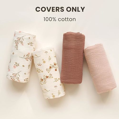 Konssy Muslin Baby Lounger Cover 2 Pack, 100% Cotton Newborn Lounger Cover, Soft and Breathable Baby Nest Slipcover for Boys Girls (Chestnut, Posy)