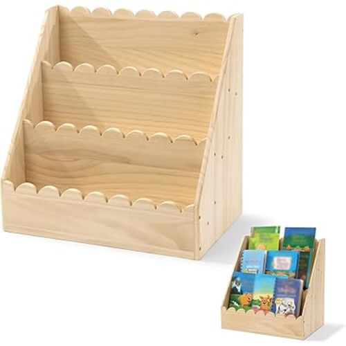 BALAPET Scalloped Book Shelf for Kids, 3-Tier Wooden Bookshelf Perfect Height for 1-5 Years Toddler, Durable Bookcase Book Organizer for Nursery Room(Wooden,16.5 * 16.5 * 10.6in)