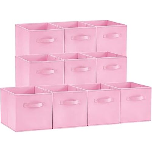 Lifewit 10 Packs Storage Cubes, 11 Inch Cube Storage Bins, Foldable Decorative Fabric Storage Baskets for Organizing Home Organizers with Handles for Shelves, Closet, Pink
