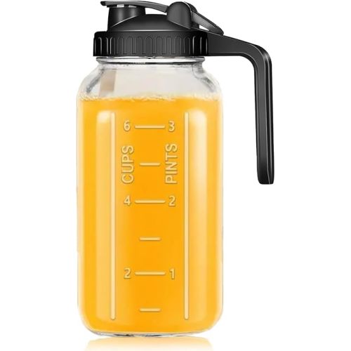 Breast Milk Pitcher Jug Glass Mason Jar Airtight Pitcher with Pour Spout Handle for Breastmilk, Iced Tea, Ice Drinks Storage Container (black, 64oz)