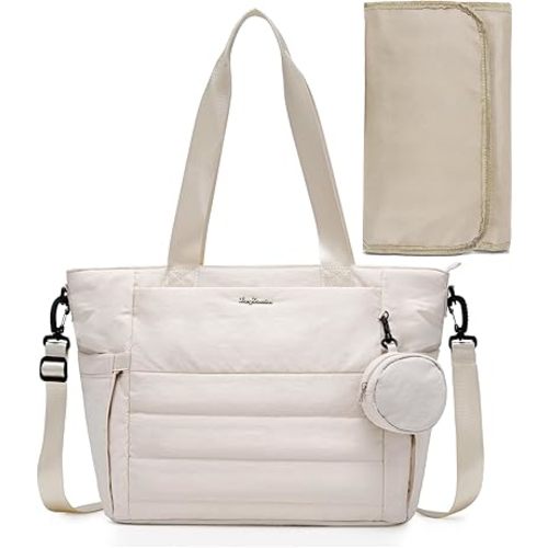 LONG VACATION Diaper Bag Tote Large Baby Diaper Tote Waterproof Travel Tote with Pacifier Case And Changing Pad (White)