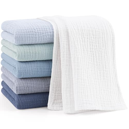 Bearmoss 6 Pack Muslin Burp Cloths for Baby, 100% Cotton Soft Large Burping Cloths for Unisex, Boy, Girl, 23.6" X 23.6" Newborn Essentials Absorbent Milk Spit Up Rags (Blue)