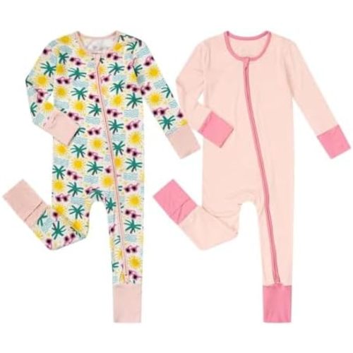 Teach Leanbh Unisex Baby 2 Pack Bamboo Viscose Pajamas with Mittens and Feet Cuffs 2 Way Zipper Long Sleeve Romper