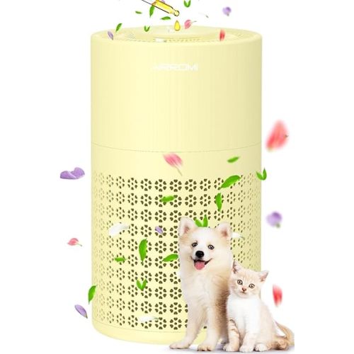 AIRROMI Air Purifier for Bedroom with HEPA Fet Filters, Pet Air Purifiers for Home Cat Pee Smell, Covers Up to 990Ft², Quiet 360° intake Air Cleaner for Allergies Dust Smoke Odor A2001 Yellow