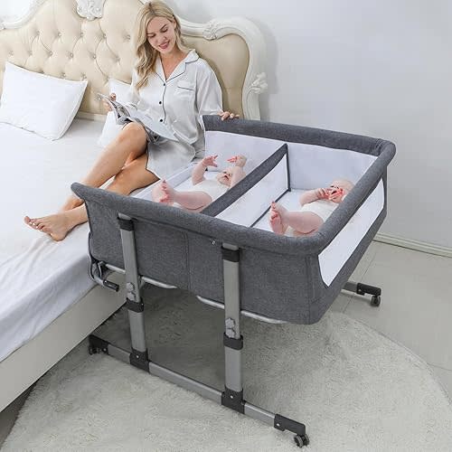 Ihoming Twin Bassinets for Baby, Double Bassinet Bedside Sleeper for Twins, Double Bassinets Sleeper for 2 Babies, Infant Co Sleeper Bedside Crib Attaches to Bed, Deep Grey