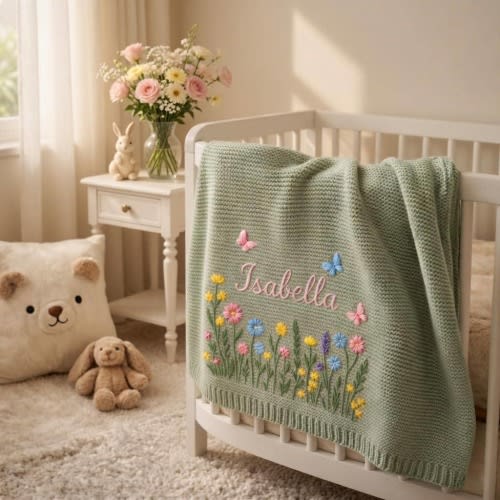 Custom Embroidered Name Blanket with Butterflies and Wildflowers for Newborn, Welcome Baby Blanket, Nursery Keepsake, Newborn Gift For Baby