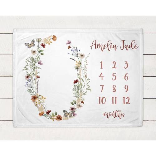 Boho Floral Milestone Blanket, Personalized Baby Blanket, Monthly Growth Tracker, Wildflowers, New Baby Gift, Baby Shower Gift, Baby Girl,