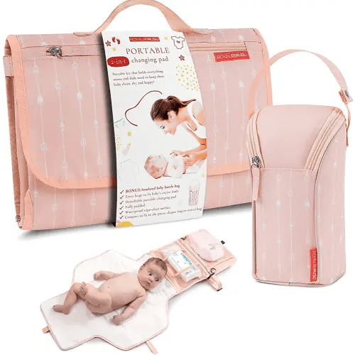 Portable Diaper Changing Pad Waterproof – B0NUS Insulated Baby Bottle Bag, 2-in-1 Diaper Clutch and Changing Mat, Wipe Clean Portable Changing Pad with Built-in Head Cushion (Peach)