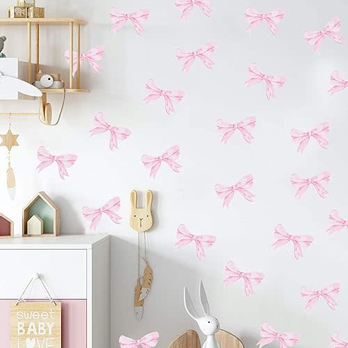 Coquette Nursery Wall Art - Vintage Bow Baby Shower Decor, Wall Decals (Pink 1)