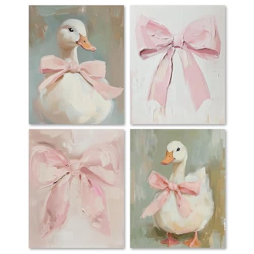 Foritho Retro Pink Coquette Bow Duck Wall Art Prints 8x10 Set of 4, Coquette Preppy Room Decor, Watercolor Cute Girly Duck Wall Decor Pictures Posters for Girls Dorm Bedroom Apartment, Unframed