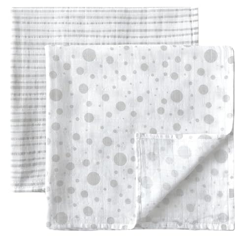 MOZAH Organic Muslin Swaddle Blankets - Stripes & Dots - 2 Pack - for Baby Boy or Girl - Ideal for Newborns, Toddlers & Registry Essentials