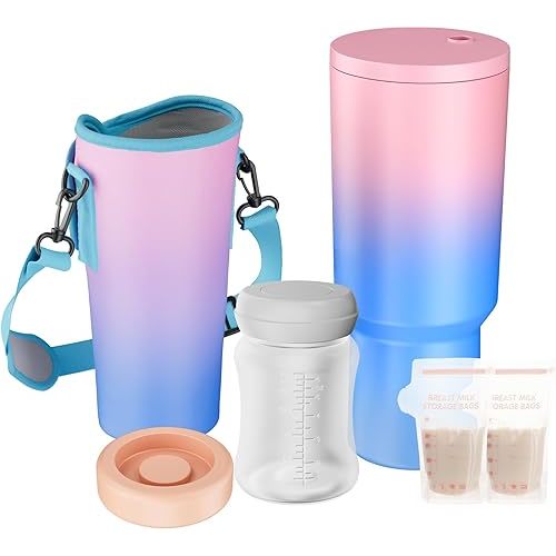 40oz Portable Breast Milk Cooler, 24-Hour Insulation for Outdoor, Travel, Work & Picnic, Includes 1 Milk Storage Bottle, 6 Breast Milk Storage Bags, (Pink-Blue Gradient)