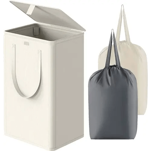 WOWLIVE 100L Laundry Hamper with Lid, Large Foldable Laundry Basket with 2 Removable Bags and Handles, Tall Collapsible Dirty Clothes Hamper for Laundry Room, Bathroom, Dorm (Beige)