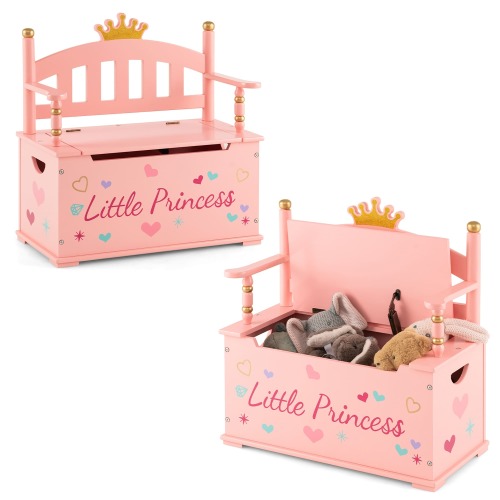 Kids Princess Wooden Bench Seat Toy Box Storage Organizer Pink