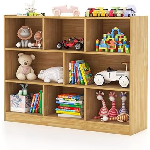 Costzon 3-Shelf Bookcase for Kids, Wooden Toy Storage Organizer for Books Toys, 8-Section Freestanding Classroom Daycare Montessori Bookshelf for Preschool, Home Playroom & Kindergarten (Burlywood)